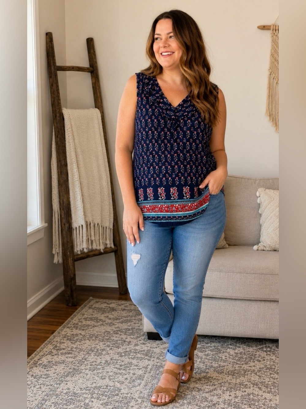 Terra & Sky Navy Sleeveless V-Neck Boho Print Tank